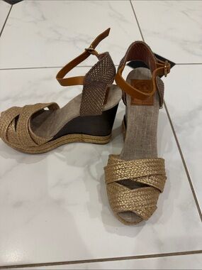 Tory Burch Gold Woven Espadrille Wedge Sandals